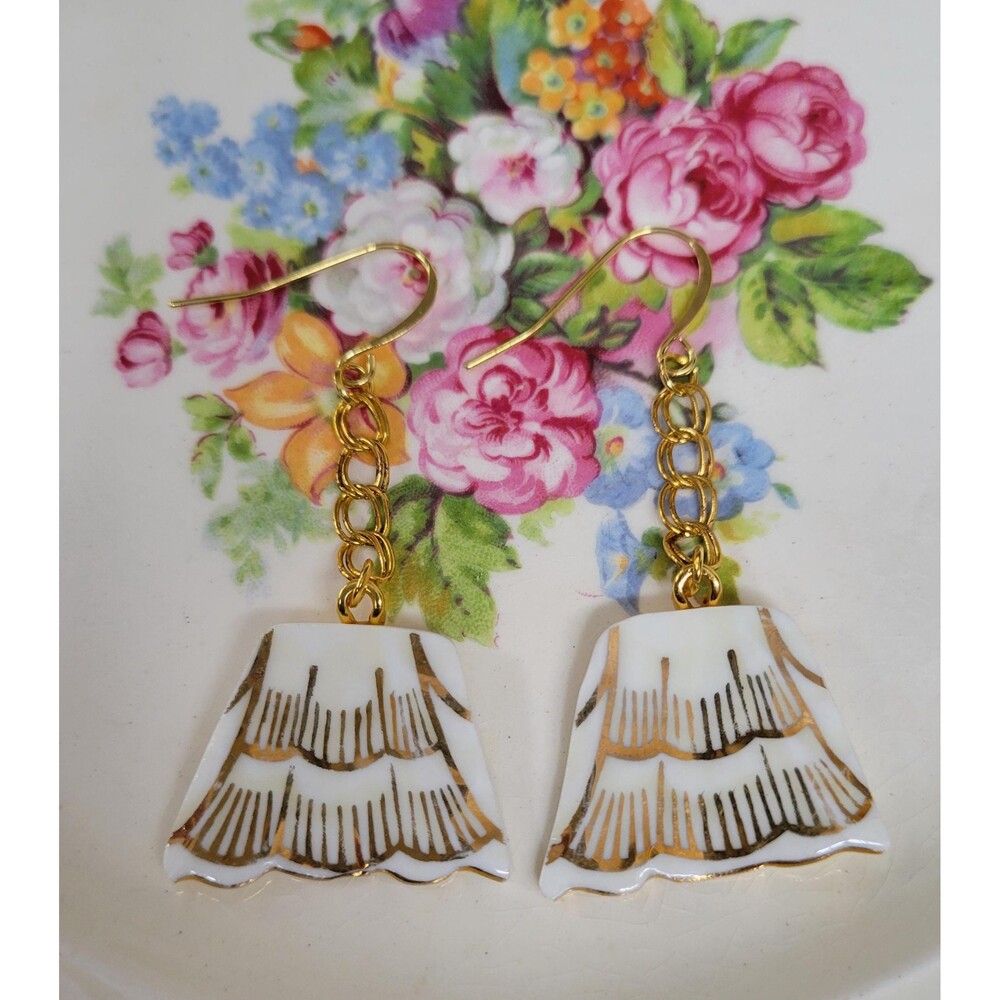 Broken China Gold & Ivory Dangle Earrings